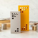 Two decorative cardboard houses with square window cutouts, placed on a light surface near stacks of coins—real estate themed.